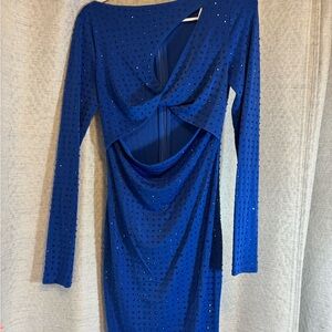 Chic Backless Blue Dress with Rhinestone Accents
